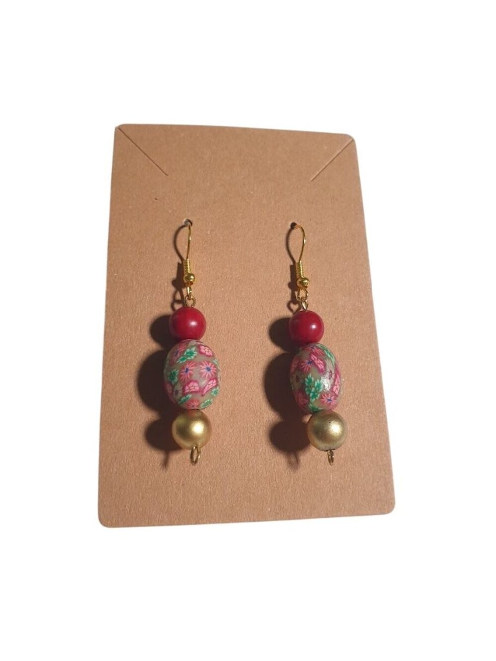 Handmade Colorful Floral Polymer Bead Earrings Red Gold Dangling Lightweight